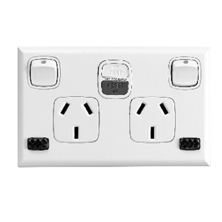 Excel - Horizontal double powerpoint RCD protected 2 gang 10A 240V a.c. with RCD 10mA & 3 neons white