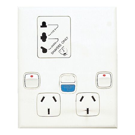 Excel - Horizontal double powerpoint with shaver outlet 2 gang 10A 240V a.c. with RCD 30mA white