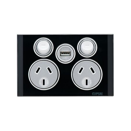 Saturn Series, Socket Outlet, Twin switched, Assembled, Single USB Charger, Horizontal, 240 V, 10 A - Espresso Black