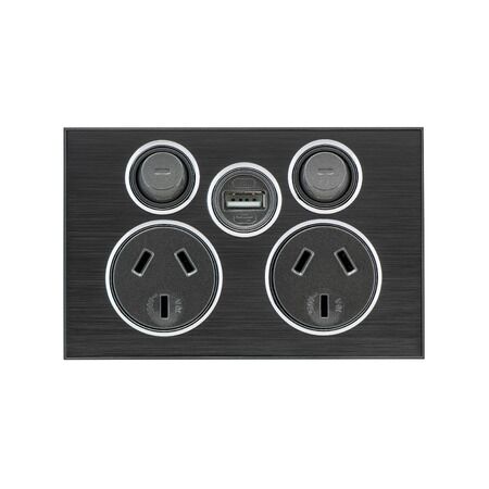 Saturn Series, Socket Outlet, Twin switched, Assembled, Single USB charger, Horizontal, 240 V, 10 A - Horizon Black