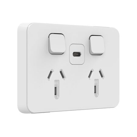 Clipsal Iconic, Twin Socket, USB Type C, Fast charger - Vivid White