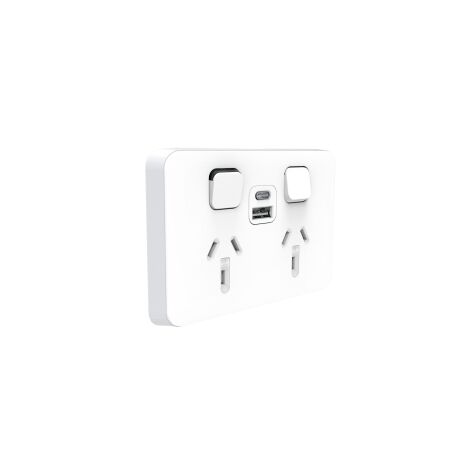 Clipsal Iconic, Switched Socket, 1xEx2 USB Charger A+C - Vivid White