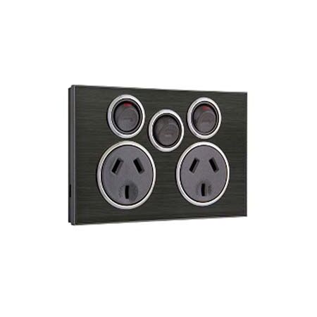 Saturn Series, Twin Switched Socket Outlet, 250V, 10A with Extra Switch - Horizon Black