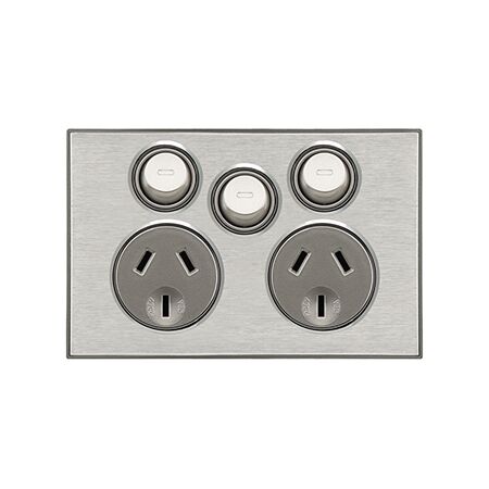 Saturn Series, Twin Switched Socket Outlet, 250V, 10A with Extra Switch - Horizon Silver