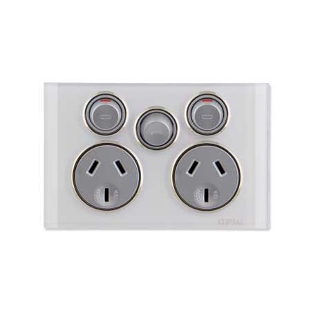 Saturn Series, Twin Switched Socket Outlet, 250V, 10A with Extra Switch - Pure White
