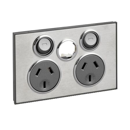 Saturn Series, Twin Switched Socket Outlet, 250V, 10A, Less Extra Switch - Horizon Silver