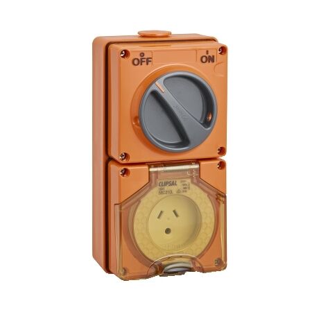 Clipsal - 56 Series, Switched Socket Outlet, 250V, 10A, 2 Flat and Round Earth PIN, IP66, 1 Pole - Resistant Orange