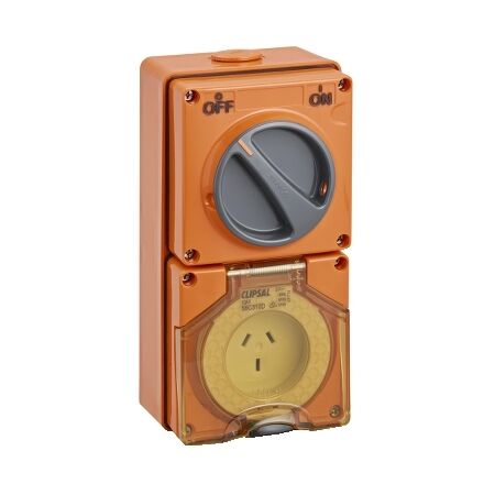Clipsal - 56 Series, Switched Socket Outlet, 250V, 10A, 3 Flat PIN, IP66, 2 Pole - Resistant Orange