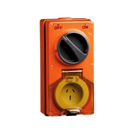 Clipsal - 56 Series, Switched Socket Outlet, 250V, 15A, 3 Flat PIN, IP66, 1 Pole, Vertical - Resistant Orange