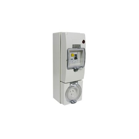 Clipsal - 56 Series, RCD Protected Socket Outlet, 250V, 10A, 3 Flat PIN, IP66, 30mA Surface Mount - Grey