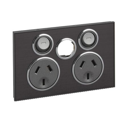 Saturn Series, Twin Switched Socket Outlet, 250V, 10A, Less Extra Switch - Horizon Black