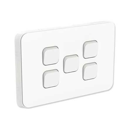 Clipsal Iconic, Flush Switch, Horizontal Mount, 5 Gang, 1-Way/2-Way, 230/240V 10AX - Vivid White