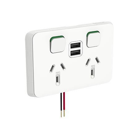 Clipsal Iconic, Double Power Point with Dual USB Charger, Horizontal Mount, 250V, 10A - Vivid White