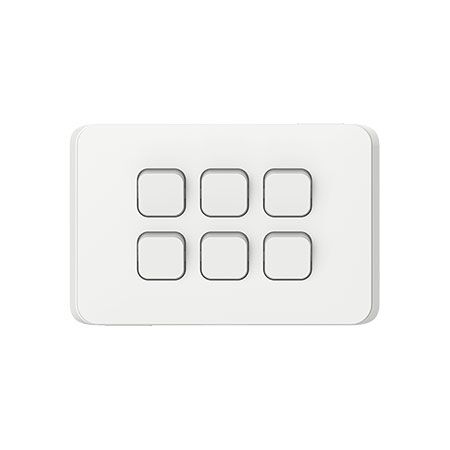 Clipsal Iconic, Flush Switch, Horizontal Mount, 6 Gang, 1-Way/2-Way, 230/240V 10AX - Vivid White