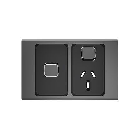Clipsal Iconic, Styl Single Power Point Skin with 1 extra switch, Horizontal Mount, 250V, 10A - Silver Shadow