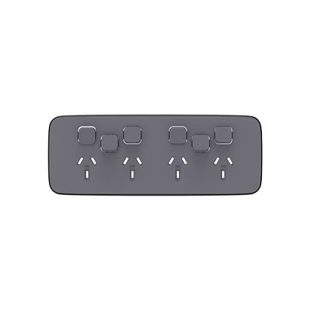 Clipsal Iconic, Essence Quad Power Point Skin with 2 extra switches, Horizontal Mount, 250V, 10A, Clip-On - Ash Grey