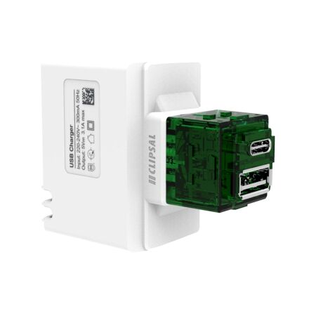 Clipsal Iconic, Clipsal Iconic USB Charger Mechanism, Dual Type, A+C 3.1A - Vivid White