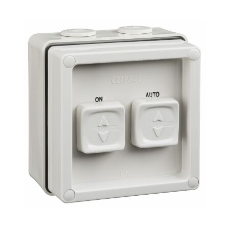 Clipsal - 56 Series, Surface Switch, 2 Gang, 1 Pole, 250VAC, 10A, Twin Sliding, Auto/Man/On/Off - Grey