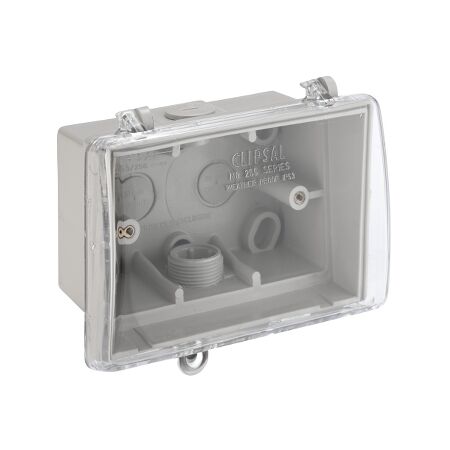 Clipsal - Mounting Accessories, Weather Protective Box, 137x110x77mm, with Clear Lid and Locking Provision - Grey