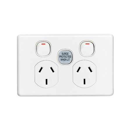 Classic C2000 Series, Switched Socket Outlet, Twin, 250V, 10A, 1 Pole, Surge Protection - White Electric