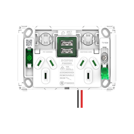 Pro Series, Twin Power Point Grid, Horizontal Mount,1Ex2USBCHRG, Type A+A, 10A, 250V