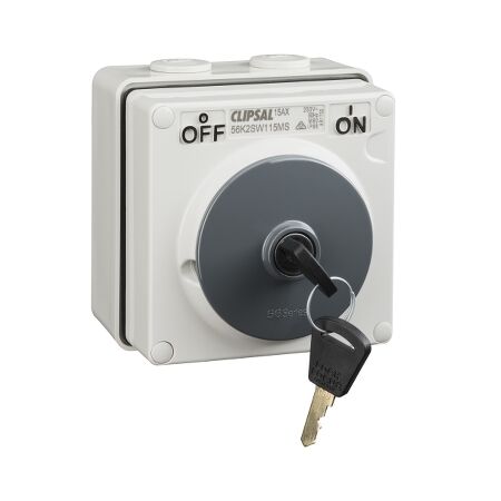 Clipsal - 56 Series, Surface Switch, 1 Pole, 250VAC, 15A, Key Operated, On/Off Locking Position - Grey