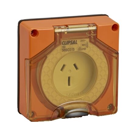 Clipsal - 56 Series, Socket Outlet, Surface 3 PIN 15A Less Enclosure - Resistant Orange