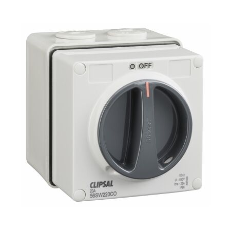 Clipsal - 56 Series, Surface Switch, 1 Gang, 2 Pole, 500VAC, 20A, Reversing and Changeover - Grey