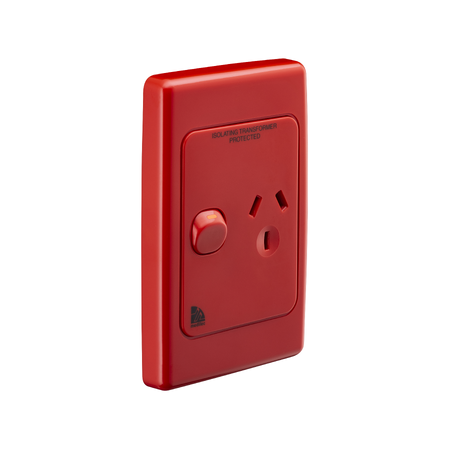 Medilec, Single Switch Socket Outlet, 250V, 10A, Vertical, 2 Pole - Red