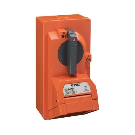 66 Series, Switched Socket Outlet, 500V, 63A, 5 Round PIN, IP66 - Resistant Orange