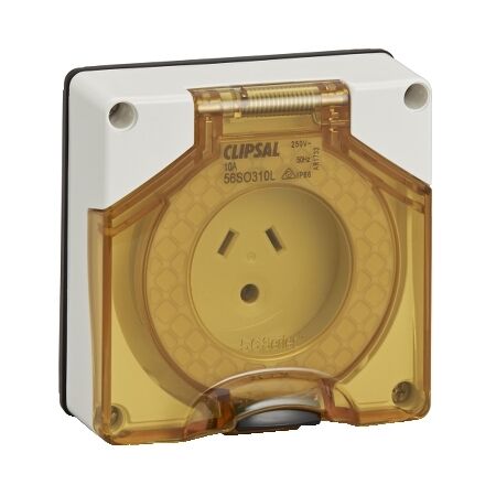 Clipsal - 56 Series, Socket Outlet, Surface 3 PIN 10A LT Less Enclosure - Resistant White Electric