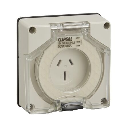Clipsal - 56 Series, Socket Outlet, Surface Auto 3 Pole 15A Less Enclosure - Grey