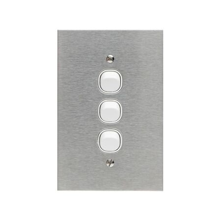 Metal Plate Series, Flush Switch, 3 Gang, 250VAC, 10A, Range, BSL Style, Standard, Vert - White Electric
