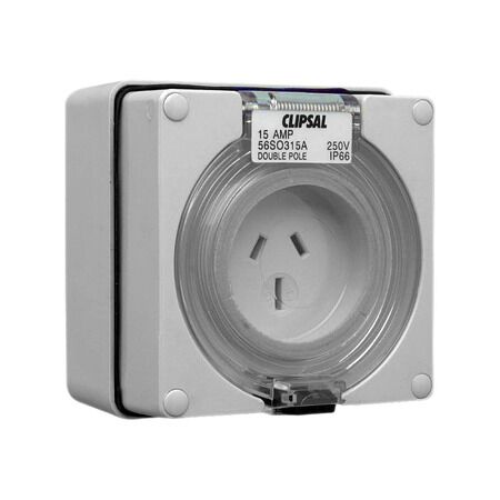 Clipsal - 56 Series, Socket Outlet, 3 Flat PIN, 250V, 15A, Auto Switched, 2 Pole - Grey