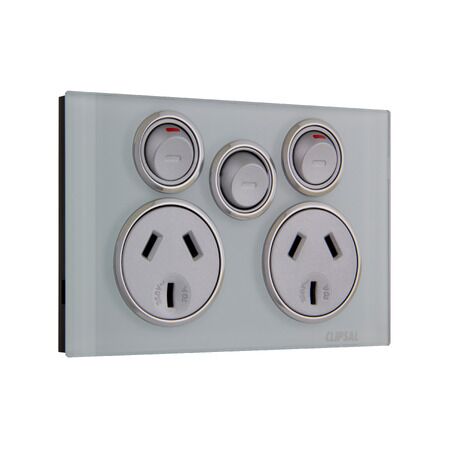 Saturn Series, Twin Switched Socket Outlet, 250V, 10A with Extra Switch - Ocean Mist