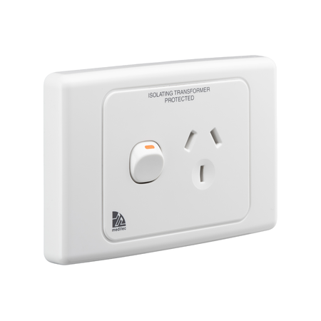 Medilec, Single Switch Socket Outlet, 250V, 10A, 2 Pole - White Electric