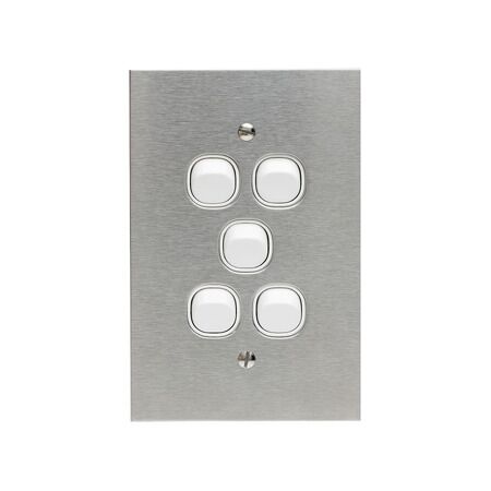 Metal Plate Series, Flush Switch, 5 Gang, 250VAC, 10A, Range, BSL Style, Standard, Vert - White Electric
