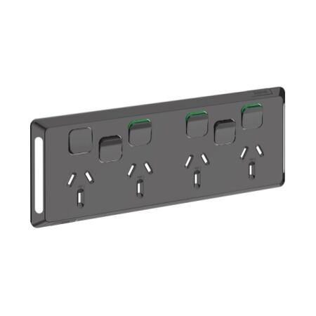 Pro Series, Quad Power Point Skin with 2 extra switches, Horizontal Mount, 250V, 10A, Clip-On - Black