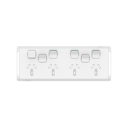 Pro Series, Quad Power Point Skin with 2 extra switches, Horizontal Mount, 250V, 10A, Clip-On - Extra Vivid White
