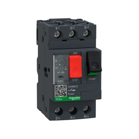 TeSys GV2, Motor circuit breaker, TeSys Deca, 3P, 20 to 25A, thermal magnetic, screw clamp terminals, button control