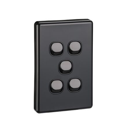 Classic C2000 Series, Flush Switch, 5 Gang, 250VAC, 10A, Standard, Vertical - Black