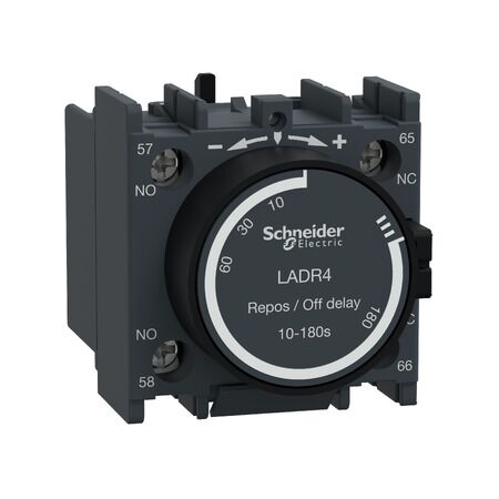 TeSys D, Time delay Auxiliary Contact Block, TeSys Deca, 1NO + 1NC, off delay 10-180s, front, screw clamp terminals