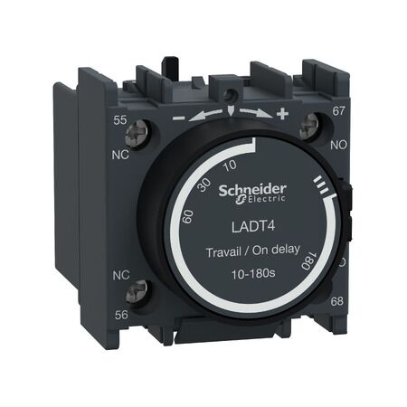 TeSys D, Time delay Auxiliary Contact Block, TeSys Deca, 1NO + 1NC, on delay 10-180s, front, screw clamp terminals