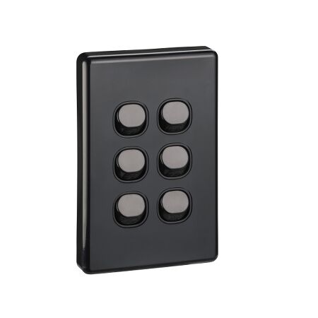 Classic C2000 Series, Flush Switch, 6 Gang, 250VAC, 10A, Standard, Vertical - Black