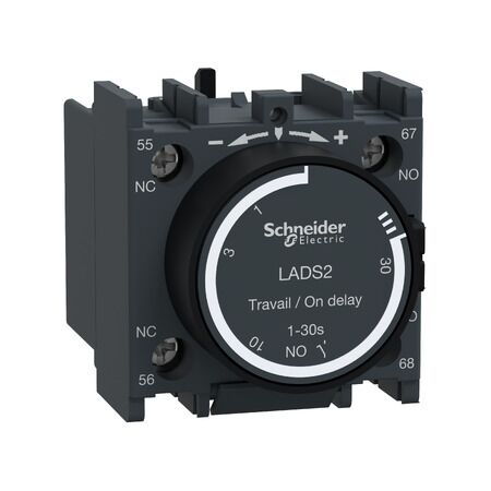 TeSys D, Time delay contact block, TeSys Deca,1NO+1NC,on-delay 1-30s,front,with 40±15ms switching time between NC opening and NO closing