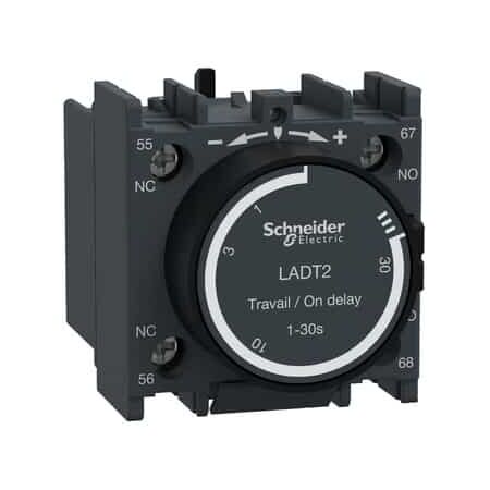 TeSys D, Time delay contact block, TeSys Deca,1NO+1NC,on-delay 1-30s,front
