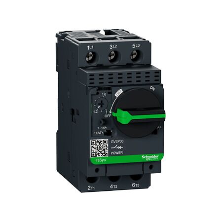 TeSys GV2, Motor circuit breaker, TeSys Deca, 3P, 1 to 1.6A, thermal magnetic, screw clamp terminals, rotary handle