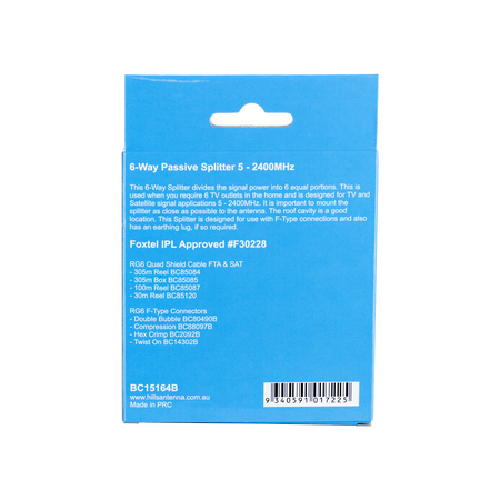 Hills Antenna BC15164B 6-Way Passive Splitter - Display Box - BC15164B
