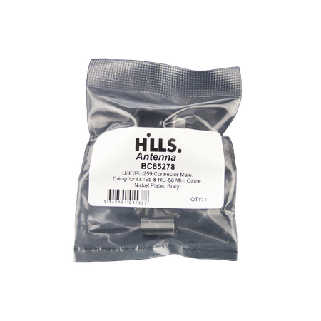 Hills Antenna UHF/PL-259 Connector Male Crimp for LL195 & RG-58 Mini Cable - Nickel Plated Body - BC85278