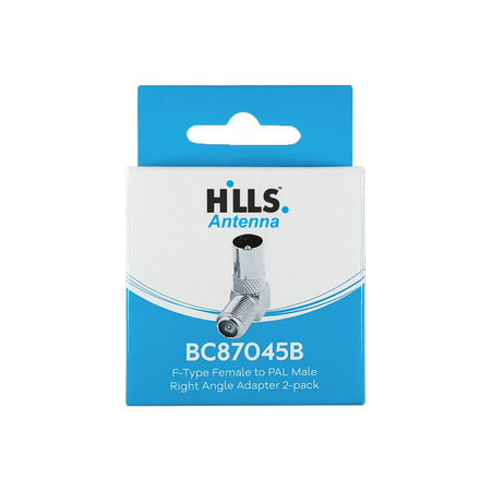 Hills Antenna BC87045B F-Type Female to PAL Male Right Angle Adaptor 2-Pack in Box - BC87045B